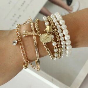 ✨NEW✨ Faux Pearl/Golden Stackable Beaded Bracelets - Prl/Gold/Cry
